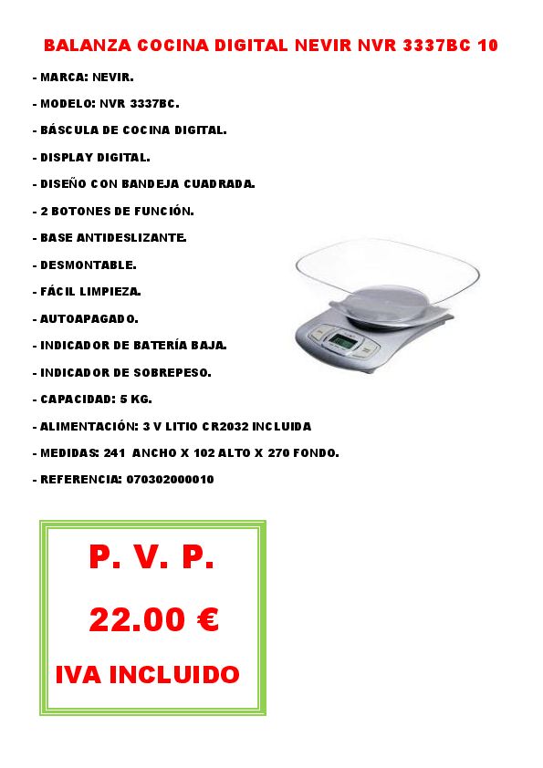 BALANZA COCINA DIGITAL NEVIR NVR 3337BC 10 
