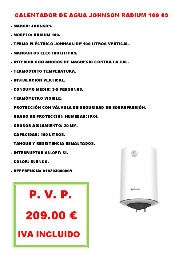 CALENTADOR DE AGUA JOHNSON RADIUM 100 09