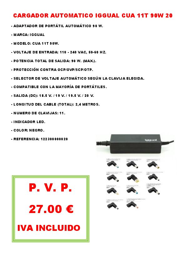 CARGADOR AUTOMATICO IGGUAL CUA 11T 90W 20