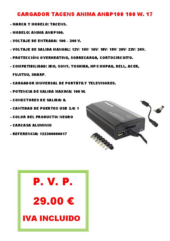 CARGADOR TACENS ANIMA ANBP100 100 W. 17 