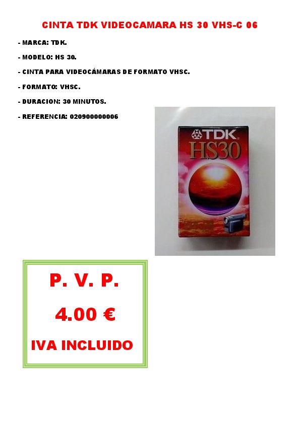 CINTA TDK VIDEOCAMARA HS 30 VHS-C 06