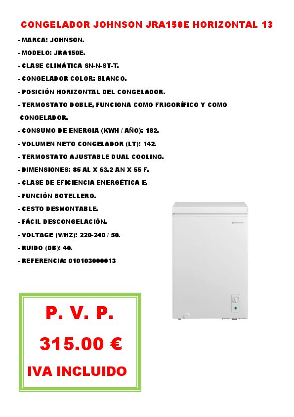 CONGELADOR JOHNSON JRA150E HORIZONTAL 13
