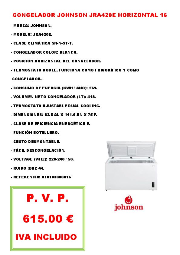 CONGELADOR JOHNSON JRA420E HORIZONTAL 16