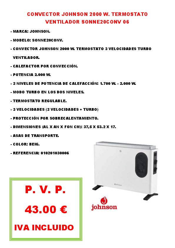 CONVECTOR JOHNSON 2000 W. TERMOSTATO VENTILADOR SONNE20CONV 06