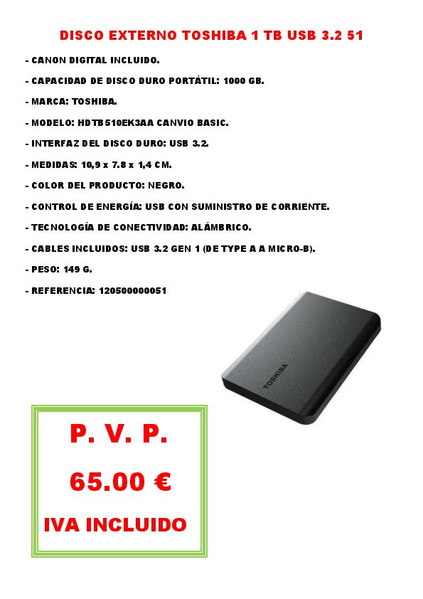 DISCO EXTERNO TOSHIBA 1 TB USB 3.2 51