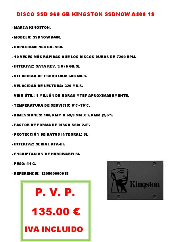 DISCO SSD 960 GB KINGSTON SSDNOW A400 18