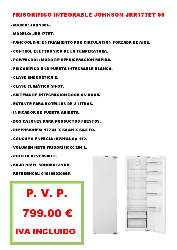 FRIGORIFICO INTEGRABLE JOHNSON JRR177ET 05