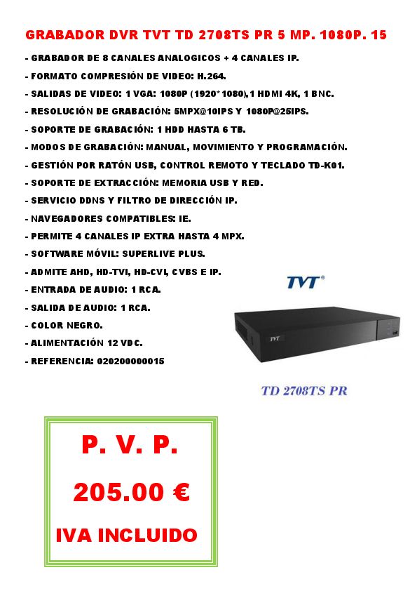GRABADOR DVR TVT TD 2708TS PR 5 MP. 1080P. 15