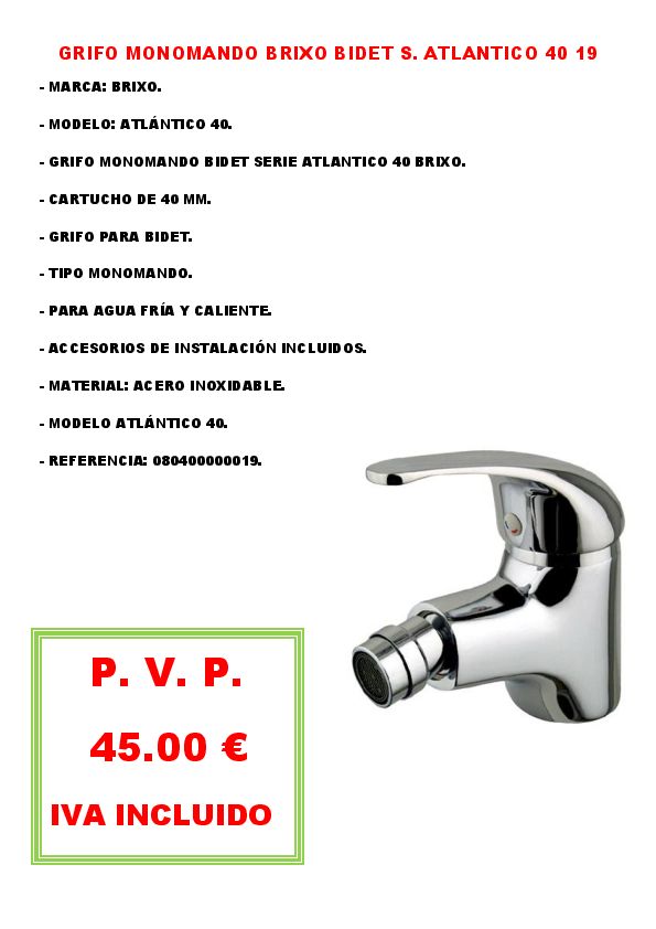 GRIFO MONOMANDO BRIXO BIDET S. ATLANTICO 40 19