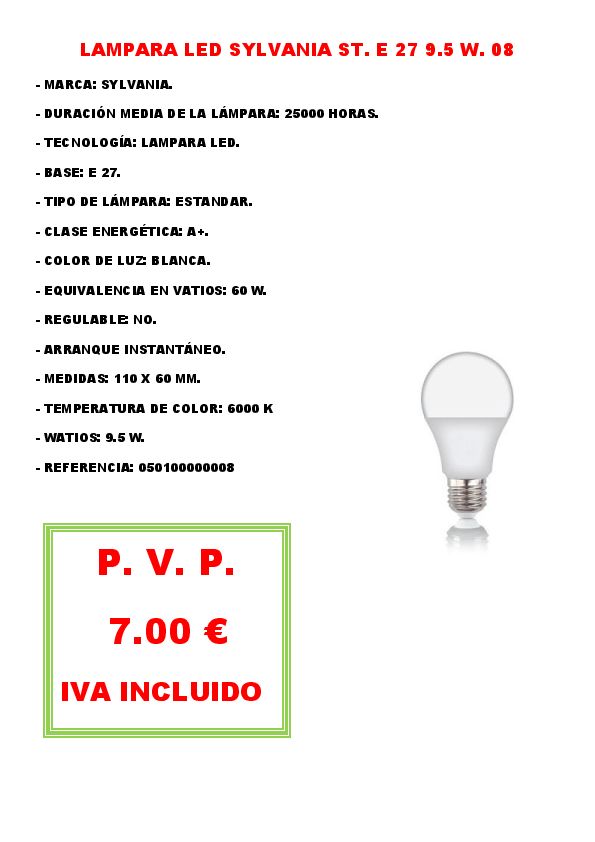 LAMPARA LED SYLVANIA ST. E 27 9.5 W. 08