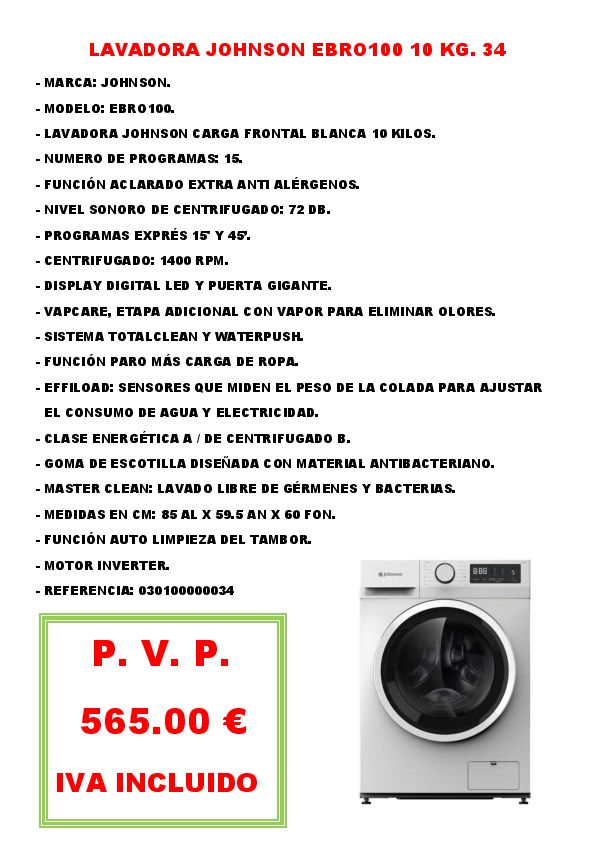 LAVADORA JOHNSON EBRO100 10 KG. 34