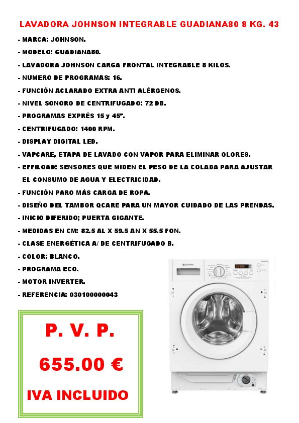 LAVADORA JOHNSON INTEGRABLE GUADIANA80 8 KG. 43