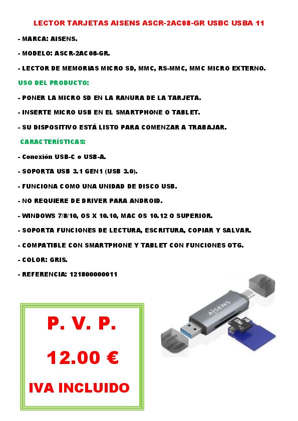 LECTOR TARJETAS AISENS ASCR-2AC08-GR USBC USBA 11
