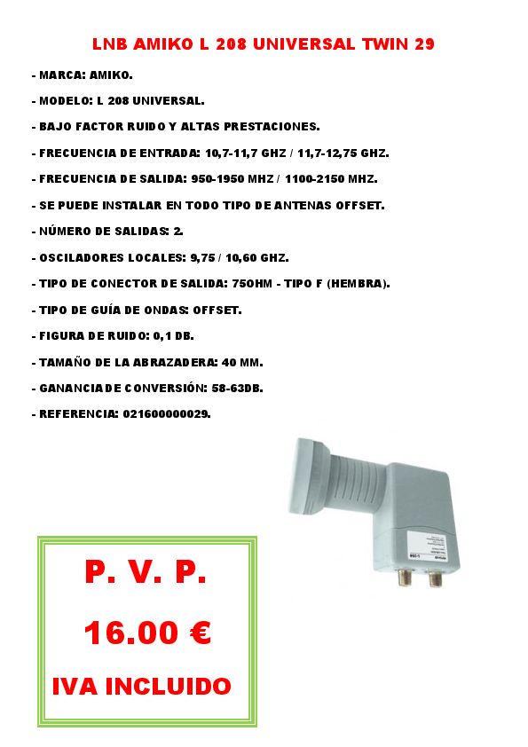 LNB AMIKO L 208 UNIVERSAL TWIN 29 