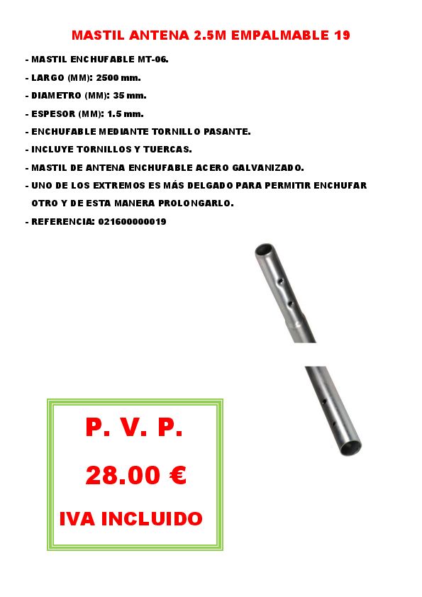 MASTIL ANTENA 2.5M X 35 X 1.5MM EMPALMABLES 19