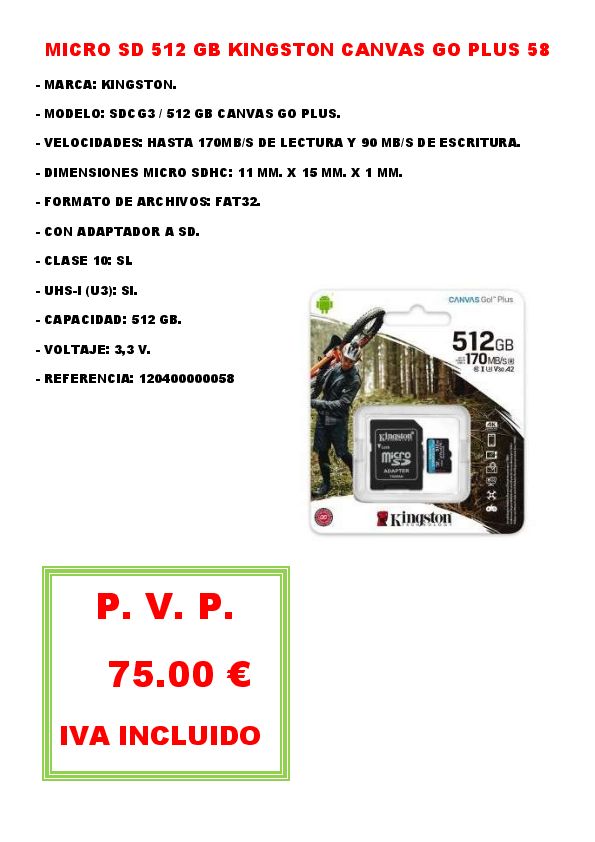 MICRO SD 512 GB KINGSTON CANVAS GO PLUS 58