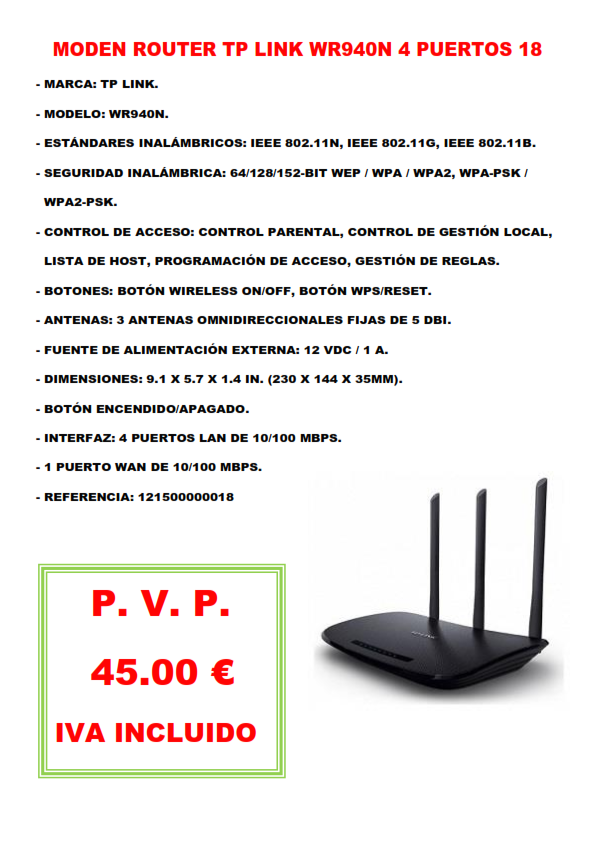 MODEN ROUTER TP LINK WR940N 4 PUERTOS 18