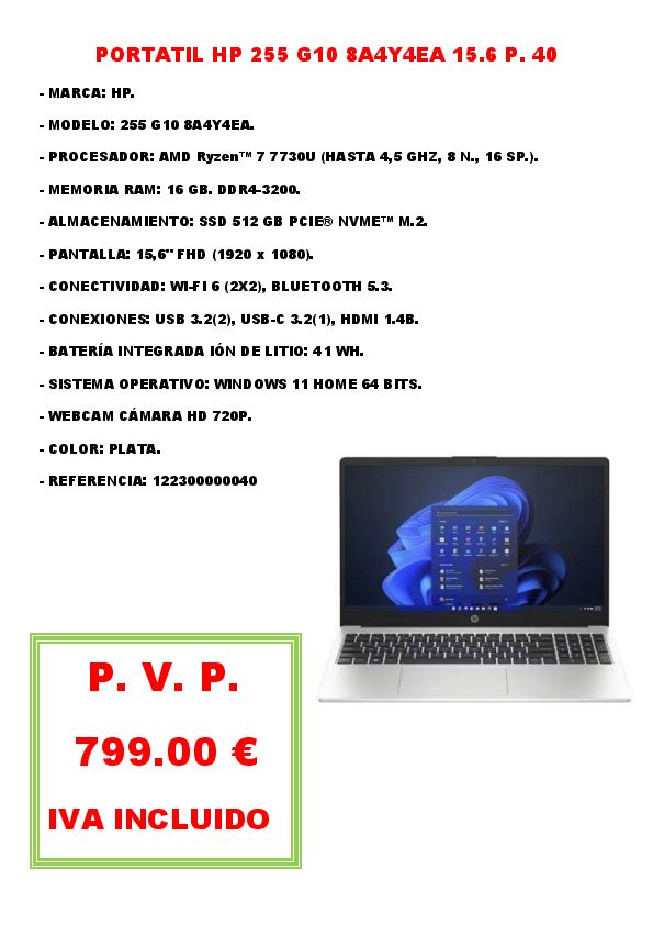 PORTATIL HP 255 G10 8A4Y4EA 15.6 P. 40