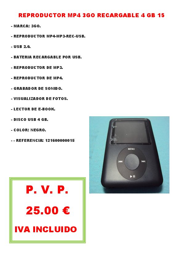 REPRODUCTOR MP4 3GO RECARGABLE 4 GB 15