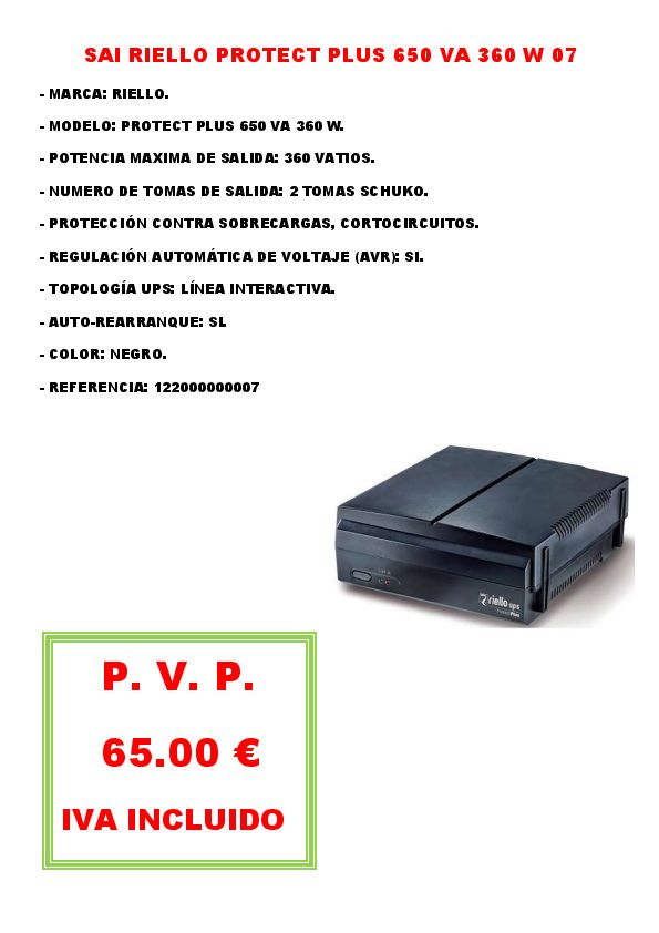 SAI RIELLO PROTECT PLUS 650 VA 360 W 07