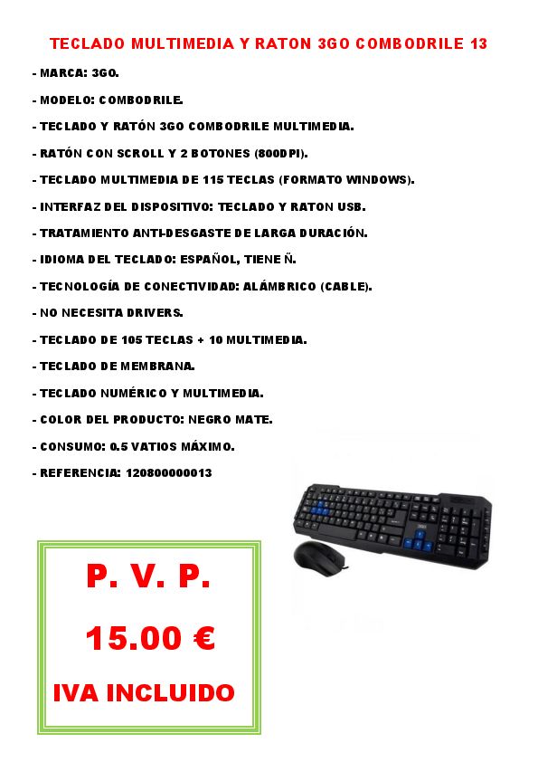TECLADO MULTIMEDIA Y RATON 3GO COMBODRILE 13
