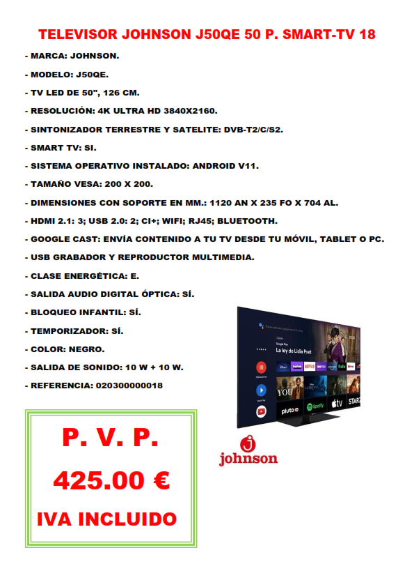 TELEVISOR JOHNSON J50QE 50 P. SMART-TV 18