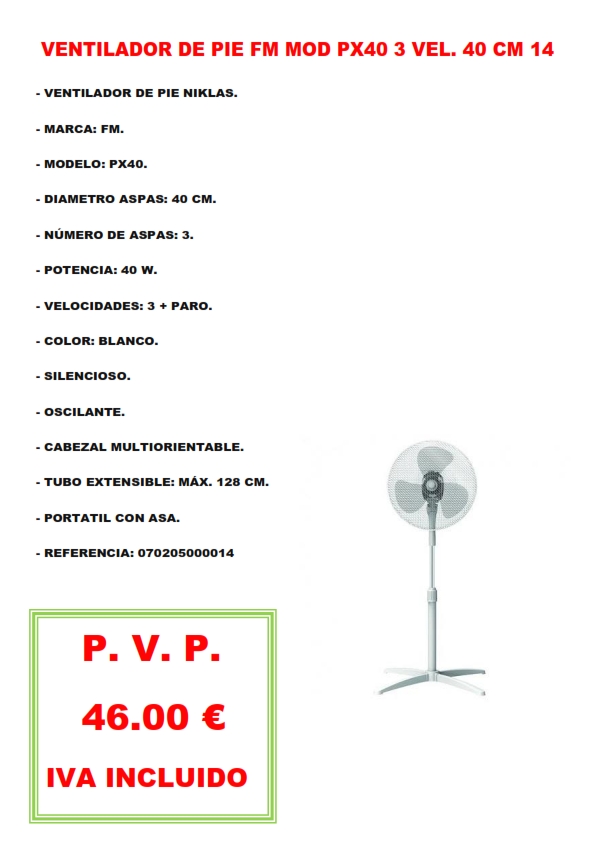 VENTILADOR DE PIE FM MOD PX40 3 VEL. 40 CM 14